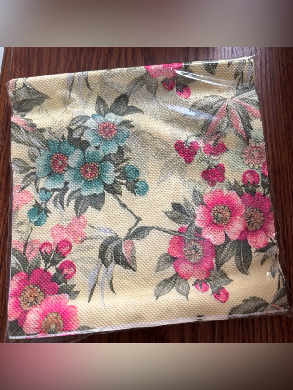 Floral Printed Cocktail Napkins - Pink & Teal Flowers on Cream